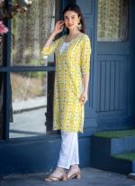 Pure Cotton Yellow Casual Wear Printed Readymade Kurti With Bottom